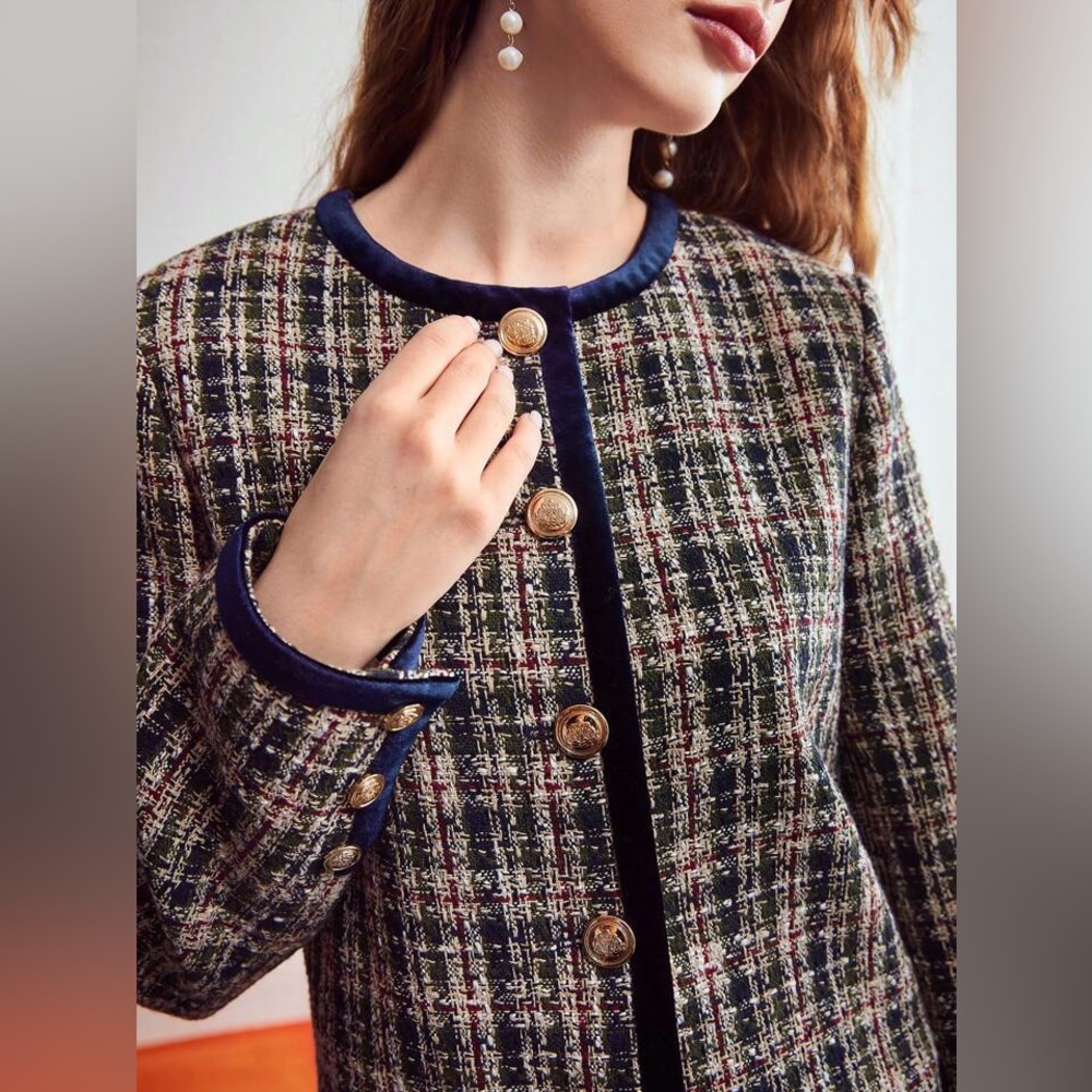 MOTF PREMIUM CROPPED PLAID TWEED JACKET Small navy blue Boucle
